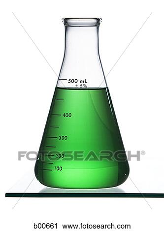 Stock Image - Close-up of a conical flask with green liquid. Fotosearch