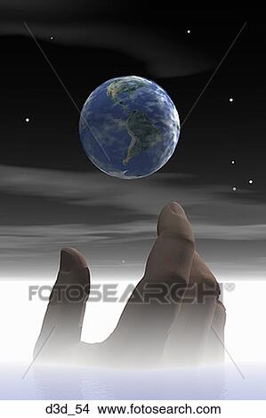 Picture - Close-up of a person's hand under a globe. Fotosearch