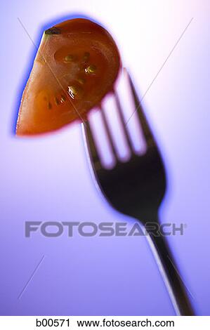 Close-up of a slice of tomato on a fork (Lycopersicon esculentum) View Large Photo Image Stock Image - Close-up of a slice of tomato on a fork (Lycopersicon esculentum). Fotosearch