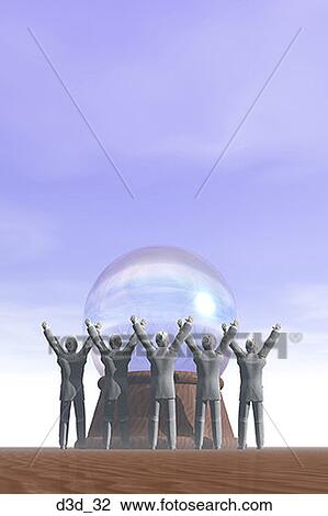 Stock Image - Crystal ball surrounded by a group of businessmen. Fotosearch