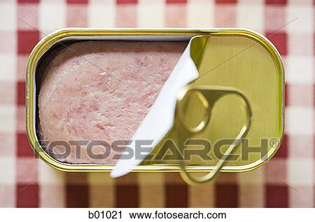 Stock Image - High angle view of a can of spam. Fotosearch