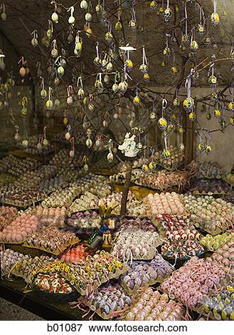 Stock Photo - High angle view of a display of Easter Eggs. Fotosearch