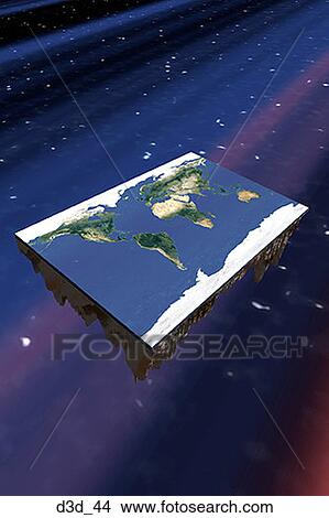 Picture - High angle view of a flat rectangle earth floating through the space. Fotosearch