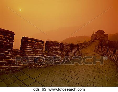 Stock Image - High angle view of the Great Wall of China at dusk, China. Fotosearch
