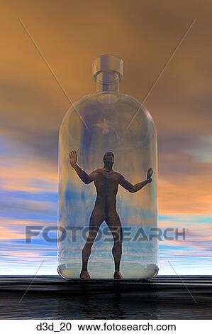 Stock Image - Low angle view of a man trapped in a bottle. Fotosearch