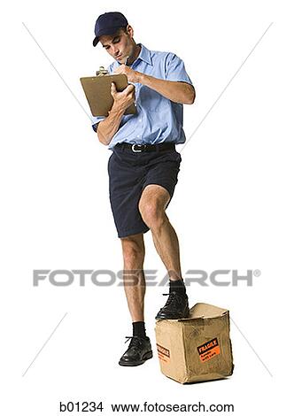 Mailman writing on a clipboard View Large Photo Image Picture - Mailman writing on a clipboard. Fotosearch