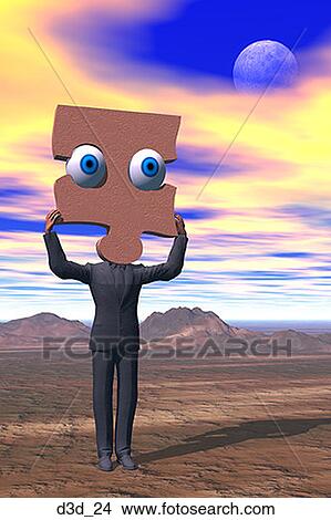 Man standing in the desert holding a puzzle piece in place of his head; puzzle piece has eyes View Large Photo Image Picture - Man standing in the desert holding a puzzle piece in place of his head; puzzle piece has eyes . Fotosearch