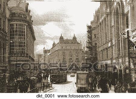 Stock Image - Old black and white picture of traffic on a street. Fotosearch