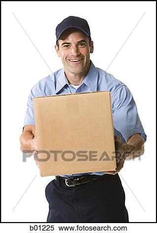 Portrait of a mailman holding a package View Large Photo Image Stock Photography - Portrait of a mailman holding a package. Fotosearch