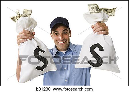 Stock Image - Portrait of a man holding two bags of money. Fotosearch