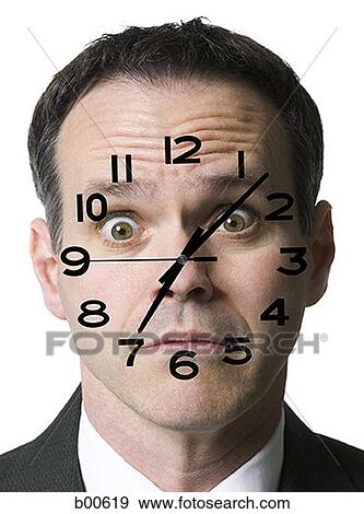 Portrait of a mid adult man with a clock super imposed on his face View Large Photo Image Stock Photo - Portrait of a mid adult man with a clock super imposed on his face. Fotosearch