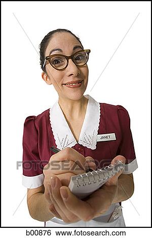 Portrait of a waitress writing on a note pad View Large Photo Image Stock Photograph - Portrait of a waitress writing on a note pad. Fotosearch