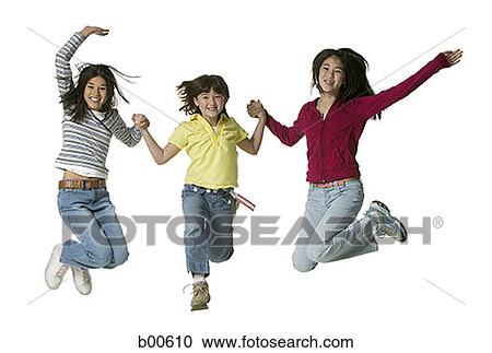 Portrait of three girls jumping View Large Photo Image Stock Image - Portrait of three girls jumping. Fotosearch