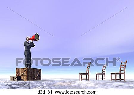Stock Image - Profile of a businessman standing on a soapbox with a megaphone. Fotosearch