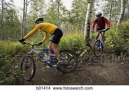 Profile of a couple mountain biking View Large Photo Image Picture - Profile of a couple mountain biking. Fotosearch