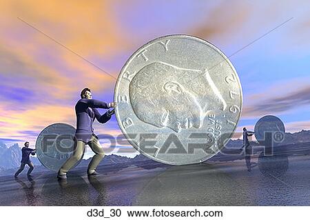 Profile of businessmen pushing oversized coins View Large Photo Image Stock Image - Profile of businessmen pushing oversized coins. Fotosearch