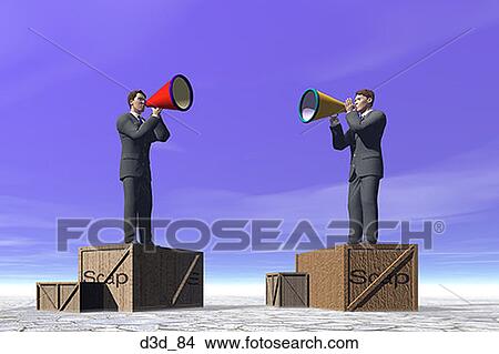 Profile of two businessmen using megaphones while standing on soapboxes View Large Photo Image Picture - Profile of two businessmen using megaphones while standing on soapboxes. Fotosearch