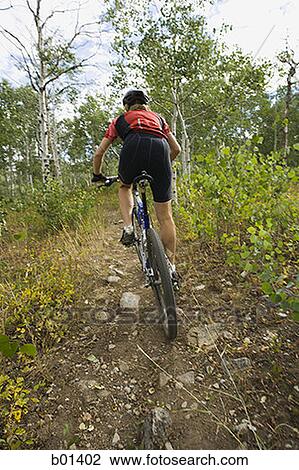 Rear view of an adult woman cycling on a dirt road View Large Photo Image Stock Image - Rear view of an adult woman cycling on a dirt road. Fotosearch
