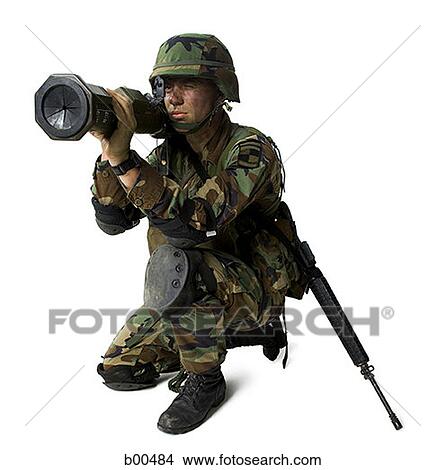 Picture - Soldier aiming a grenade launcher. Fotosearch
