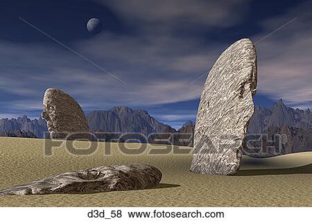 Stock Photo - Three face-shaped rocks in a desert landscape. Fotosearch