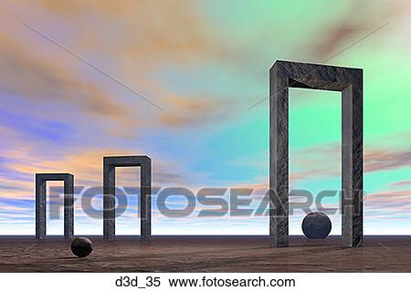 Stock Photography - Three stone doorways and two balls in a desert landscape. Fotosearch