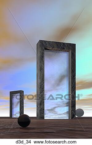Two stone doorways and two balls in a desert landscape View Large Photo Image Picture - Two stone doorways and two balls in a desert landscape. Fotosearch