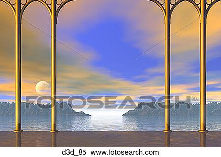 View of the moon and sea through four gold columns View Large Photo Image Stock Photography - View of the moon and sea through four gold columns. Fotosearch