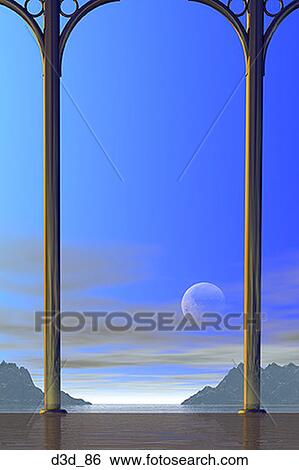 View of the moon and sea through two gold columns View Large Photo Image Stock Photograph - View of the moon and sea through two gold columns. Fotosearch