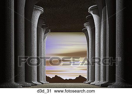 View of the sun and mountains through a hallway of pillars View Large Photo Image Stock Image - View of the sun and mountains through a hallway of pillars. Fotosearch