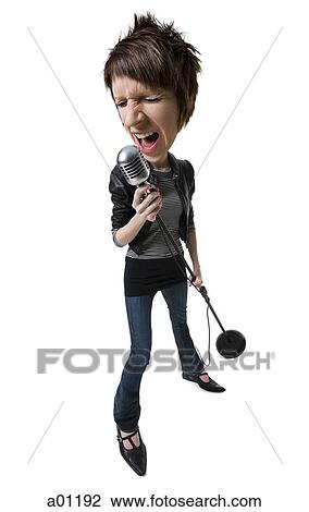Stock Image - A caricature of a young woman singing into a microphone. Fotosearch