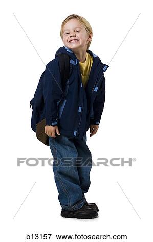Boy with backpack grinning View Large Photo Image Stock Photo - Boy with backpack grinning. Fotosearch