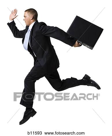 Stock Image - Businessman jumping with briefcase. Fotosearch