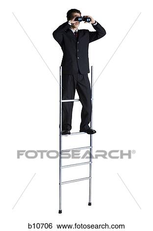 Businessman on corporate ladder looking through binoculars View Large Photo Image Stock Photograph - Businessman on corporate ladder looking through binoculars. Fotosearch