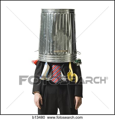 Businessman with trash can on head View Large Photo Image Stock Image - Businessman with trash can on head. Fotosearch