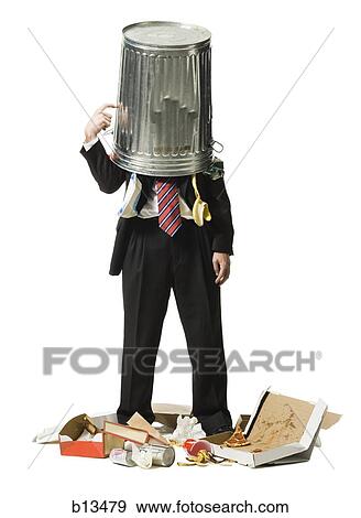 Businessman with trash can on head View Large Photo Image Stock Photo - Businessman with trash can on head. Fotosearch