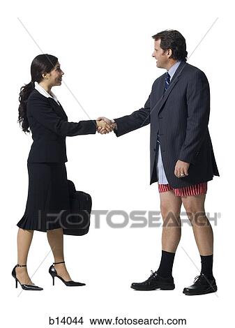 Picture - Businesswoman shaking hands with businessman in boxers. Fotosearch