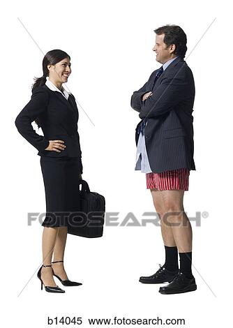 Businesswoman talking and smiling with businessman in boxers View Large Photo Image Stock Photography - Businesswoman talking and smiling with businessman in boxers. Fotosearch