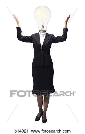 Stock Image - Businesswoman with light bulb for head with arms up. Fotosearch