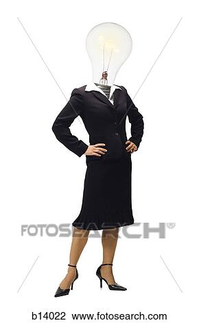 Stock Image - Businesswoman with light bulb for head. Fotosearch