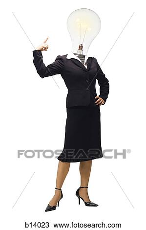 Businesswoman with light bulb for head pointing View Large Photo Image Stock Image - Businesswoman with light bulb for head pointing. Fotosearch