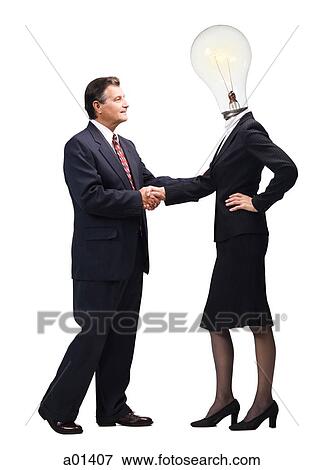 Stock Photo - Businesswoman with light bulb instead of head shaking hands with mature businessman. Fotosearch