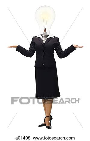Businesswoman with light bulb instead of head shrugging View Large Photo Image Stock Photo - Businesswoman with light bulb instead of head shrugging. Fotosearch