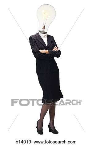 Businesswoman with light bulb instead of head standing with arms crossed View Large Photo Image Stock Photo - Businesswoman with light bulb instead of head standing with arms crossed. Fotosearch