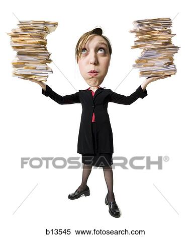 Caricature of a woman holding stacks of paperwork View Large Photo Image Stock Photography - Caricature of a woman holding stacks of paperwork. Fotosearch