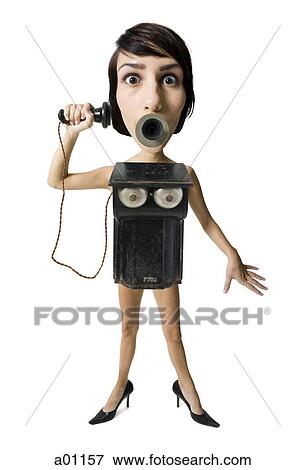 Stock Photo - Caricature of a young woman as an old telephone. Fotosearch