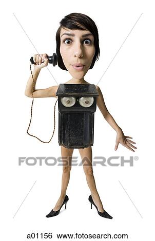 Caricature of a young woman as an old telephone View Large Photo Image Stock Photograph - Caricature of a young woman as an old telephone. Fotosearch