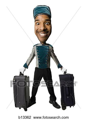 Caricature of bellboy with luggage smiling View Large Photo Image Stock Image - Caricature of bellboy with luggage smiling. Fotosearch