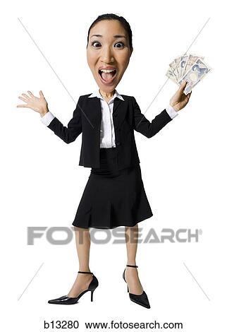 Stock Image - Caricature of businesswoman with Japanese currency. Fotosearch