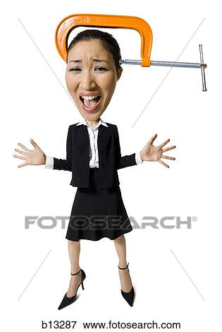 Caricature of businesswoman with vice on head View Large Photo Image Stock Photo - Caricature of businesswoman with vice on head. Fotosearch