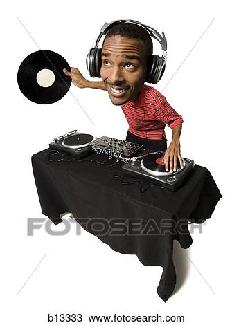 Caricature of DJ with headphones and records looking up View Large Photo Image Stock Image - Caricature of DJ with headphones and records looking up. Fotosearch